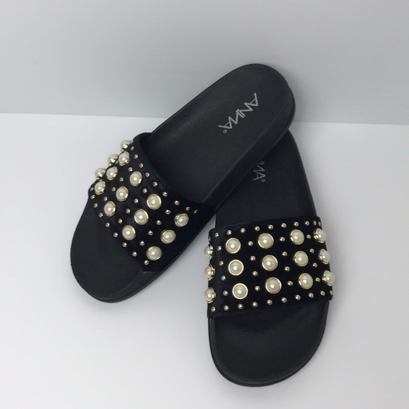 Black Suede Slides with Pearl and Gold Detailing - Picture 1 of 3